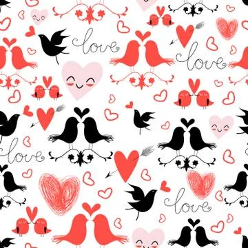 Holiday pattern with love birds and hearts 库存插图