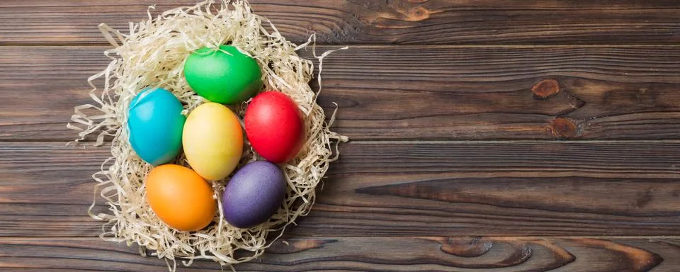 Holiday preparation Multi colors Easter eggs on colored background . Pastel.. Stock Photos