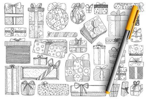 Holiday present in boxes doodle set Holiday present in boxes doodle set. C... Fotos de archivo