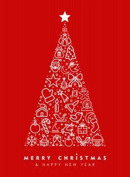 Holiday red pine tree outline icon card design Illustrazione stock