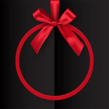 Holiday red round frame with bow and ribbon on black opened book background Stock Illustration