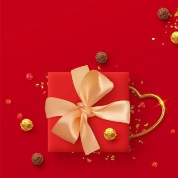Holiday Romantic Background. Design of realistic Red gifts box, glitter gold  Stock Illustration