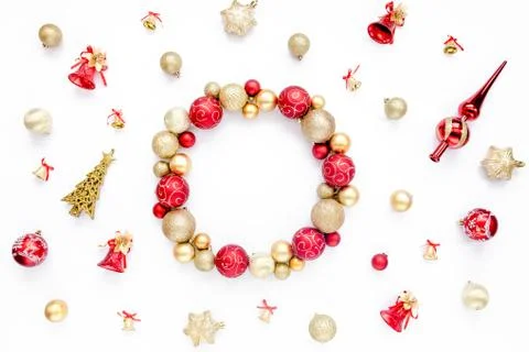 Holiday round frame, pattern made of red and gold glass Christmas balls isolated Stock Photos