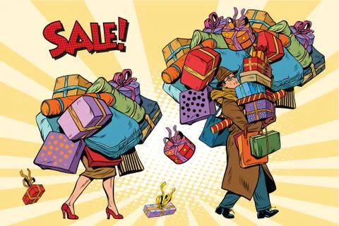 Holiday sales, a couple man and woman with shopping Stock Illustration