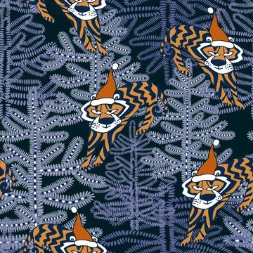 Holiday seamless pattern with Christmas tiger in night winter forest. Illustrazione stock