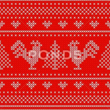 Holiday seamless pattern with cross stitch embroidered roosters Stock Illustration