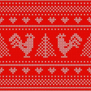 Holiday seamless pattern with cross stitch embroidered roosters Illustrazione stock