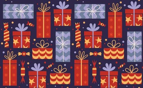 Holiday seamless pattern with different gift boxes, cartoon style. Christmas, Stock Illustration