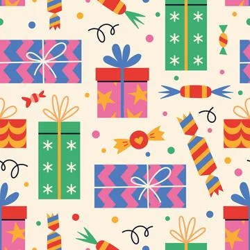 Holiday seamless pattern with different gift boxes, cartoon style. Christmas, Stock Illustration