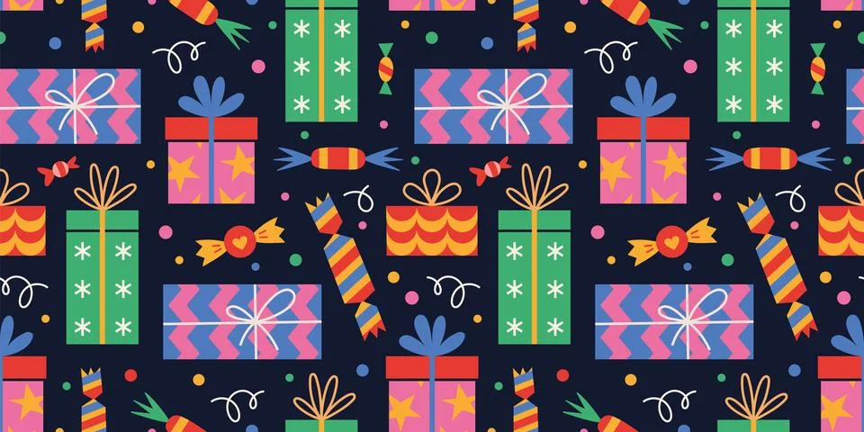 Holiday seamless pattern with different gift boxes, cartoon style. Christmas, Stock Illustration