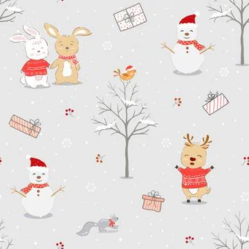 Holiday seamless pattern with hand drawn cute animals on winter background Stock Illustration