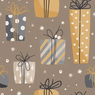 Holiday seamless pattern with minimalistic gift boxes and snowflakes. Trendy Stock Illustration