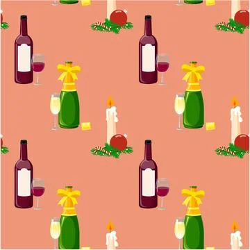 Holiday seamless vector pattern with bottles and glasses Stock Illustration