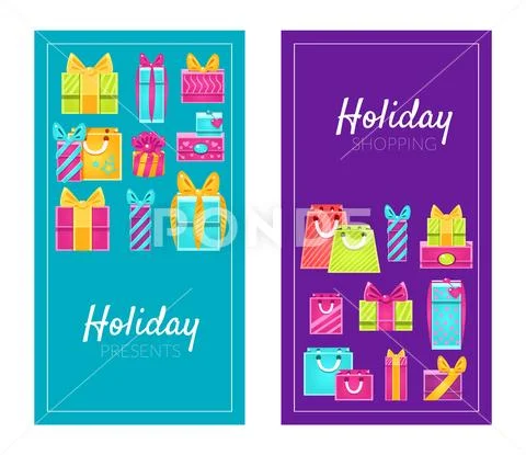 Holiday Shopping Presents Promotion Advertising Banners Templates Set, Can Be Stock Illustration
