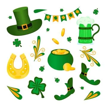 Holiday. St. Patrick s Day Clip Art Collection. Green clover, luck, gold. Stock Illustration