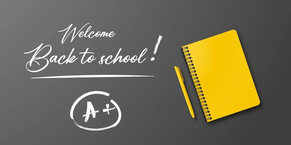 Holiday for students. Back to school. Banner concept with notebook and pen on 스톡 일러스트