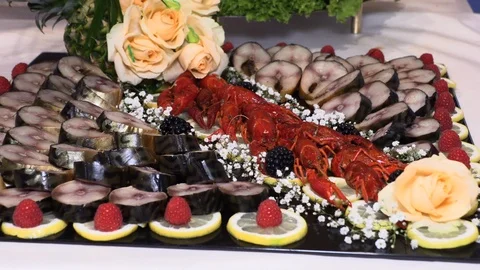Holiday table with seafood fish crayfish Video stock 109532313