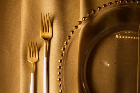 Holiday table setting, plate, fork, knife. New Year Stock Photos