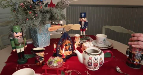 Holiday table setting showcases festive decorations and seasonal elements with Stock Footage 311937791