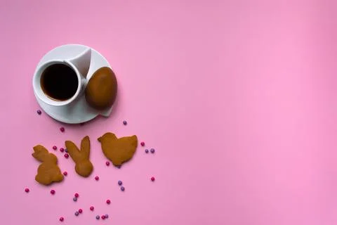 Holiday time concept. Flat lay style. Tasty breakfast. Pink background Stock Photos