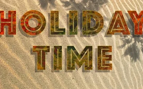 Holiday Time Text Message on Sandy Beach with Palm Tree Shadows Stock Photos