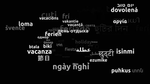 Holiday Translated in 64 Worldwide Languages Endless Looping 3d Zooming Wordc Video stock 145203236