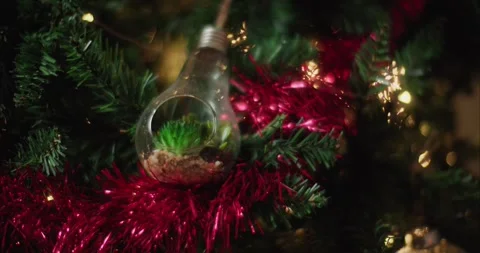 Holiday Tree Decoration Close Up with Lightbulb Terrarium Ornament 库存影片 331104949