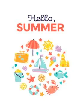 Holiday vector set of icons in circle on white with text "Hello Summer" Stock Illustration