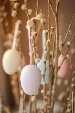 Holidays and object concept. Close up of pussy willow branches decorated by Foto stock