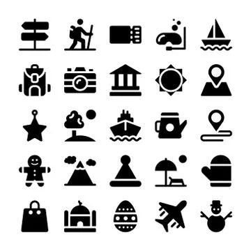 Holidays and Vacations Solid Icons Set Stock Illustration