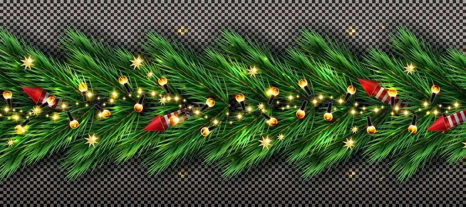 Holidays background with border of realistic looking christmas tree branche.. Stock Illustration