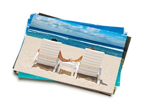 Holidays beach concept creative background stack of vacation photos with couple Fotos Stock