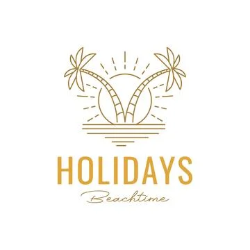 Holidays coconut tree beach view sunset sunburst line style minimal hipster.. 스톡 일러스트