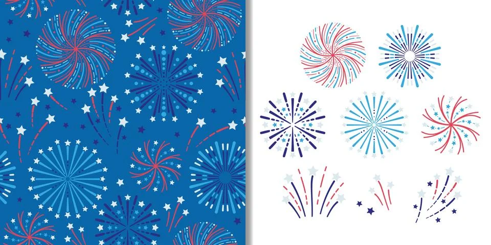 Holidays fireworks set with seamless pattern and festival decoration elements Stock Illustration
