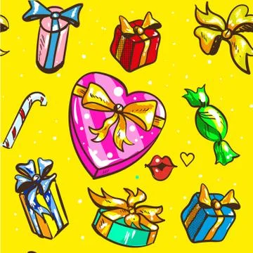 Holidays gift boxes seamless pattern on yellow background vector Stock Illustration
