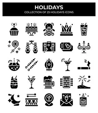 Holidays Icon Set. 25 Festive Icons for Party. Celebration. and Vacation Stock Illustration