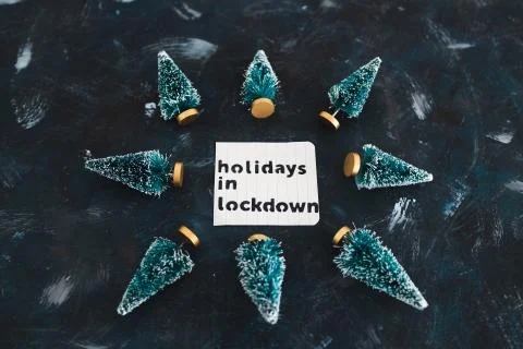 Holidays in lockdown due to covid, mini decorative Christmas tree pines with  Stock Photos