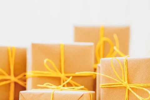 Holidays present collection beige boxes white Stock Photos