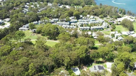 Holidays resort in Murrays beach of Australia on Lake Macquarie aerial 4k. Stock Footage 232664381
