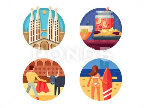 Holidays in Spain set icons Stock Illustration