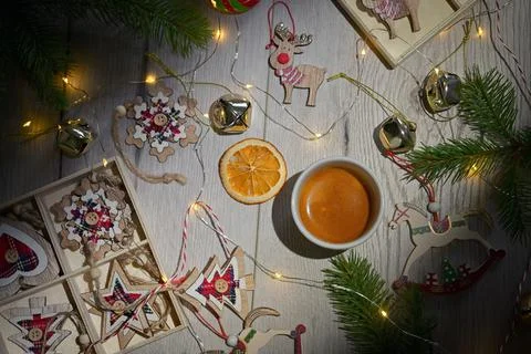Holidays Table Decor with Espresso cup Stock Photos