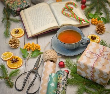 Holidays Table Decor with Tea cup Stock Photos