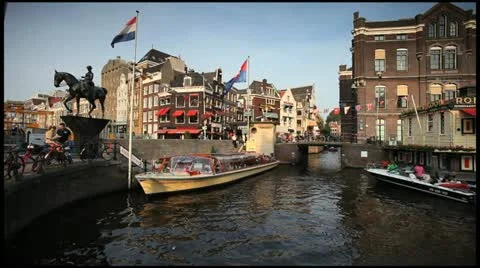 Holland, Amsterdam, canal, boats Stock Footage