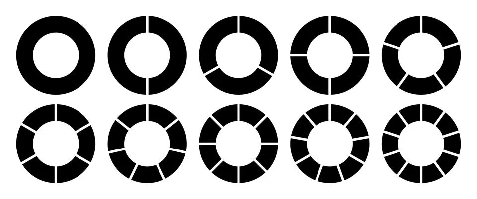 Hollow circle segmented into 1-10 parts diagram graph icon set black. Stock Illustration