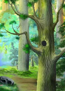 Hollow in a large pine tree in the taiga Stock Illustration