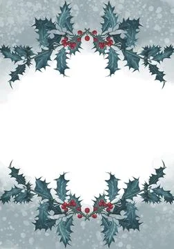 Holly berries and leaf border on white background, Christmas border with co.. Stock Illustration