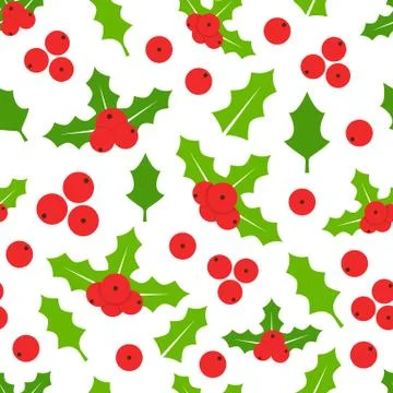 Holly berries seamless pattern. Mistletoe background. Winter texture with red Stock Illustration