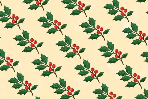 Holly branches with berries seamless pattern on beige background. 스톡 일러스트