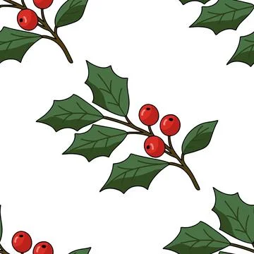 Holly branches with berries seamless pattern on white background. 스톡 일러스트