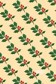 Holly branches with berries seamless pattern on beige background. Illustrazione stock